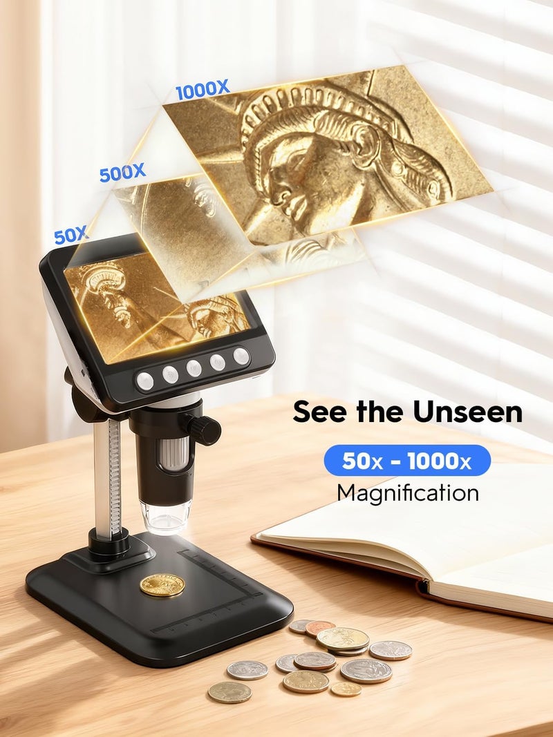 WKR ميكروسكوب العملات، 4.3" شاشة LCD ميكروسكوب رقمي USB 1000X مكبر عملات مع 8 أضواء LED قابلة للتعديل، 1080P متوافق مع عرض الكمبيوتر مع Windows/MacBook للبالغين والأطفال - Image 2